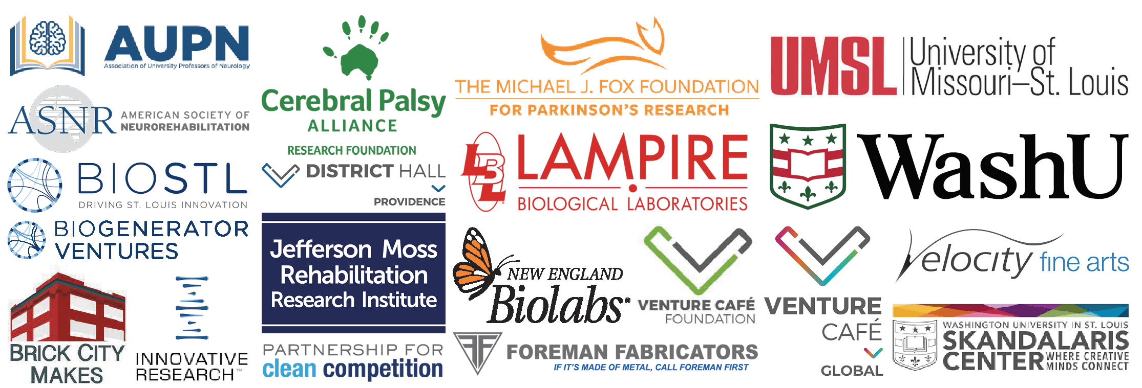 Unfold-Current-and-Former-Clients This is a collage of the logos and names of our past and current clients. It includes the American Society of Neurorehabilitation, Cerebral Palsy Alliance Research Foundation, The Michael J. Fox Foundation, the University of Missouri-St. Louis, WashU, and other organizations.